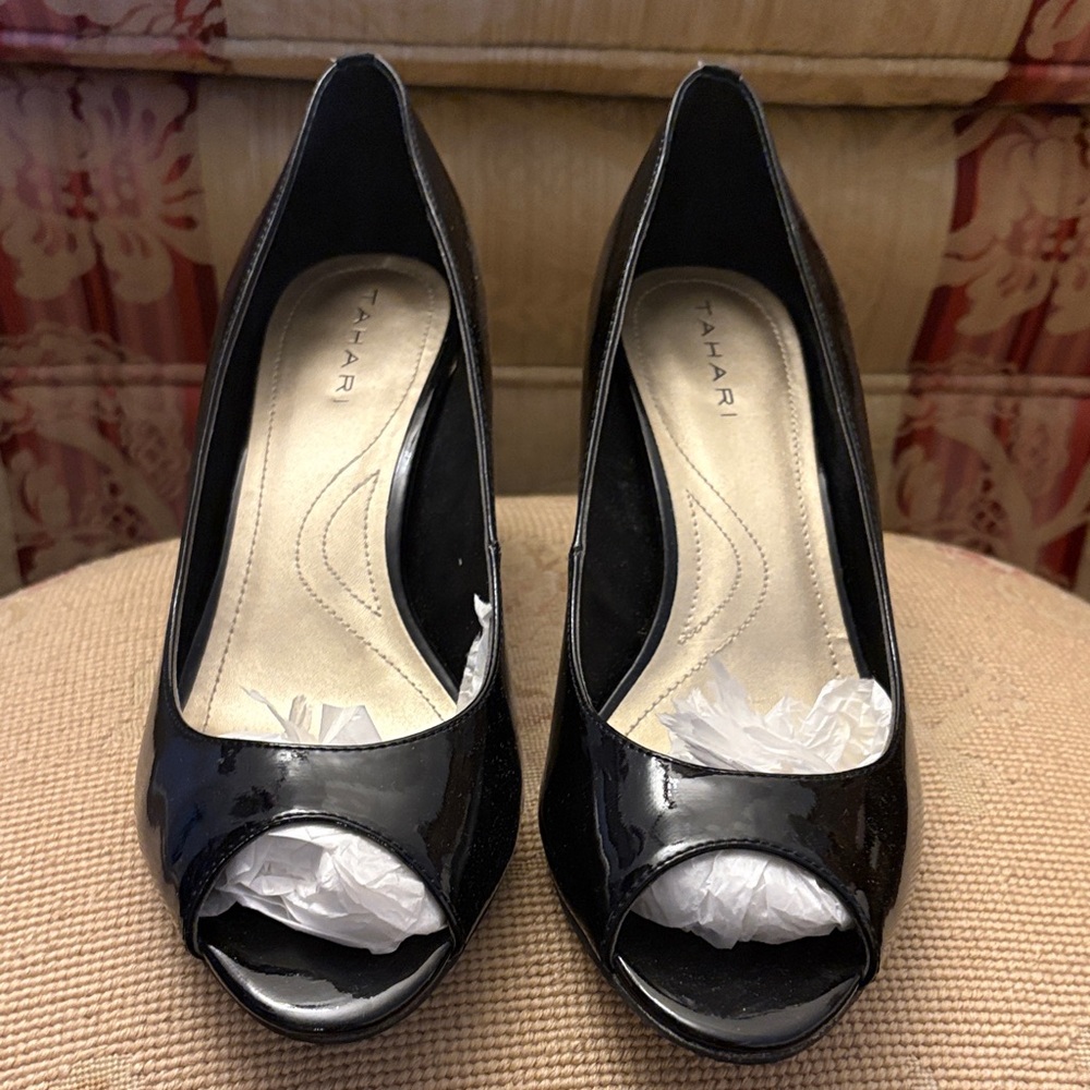 Tahari Glossy Black Peep Toe Heels